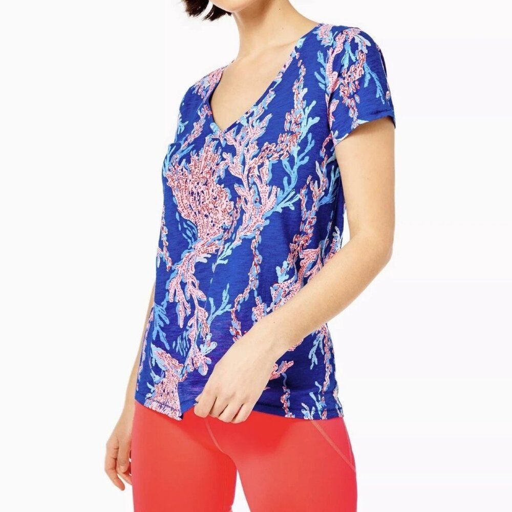 Lilly Pulitzer Etta V-neck Tee T-shirt Top Pink - Borealis Blue Size XXL
